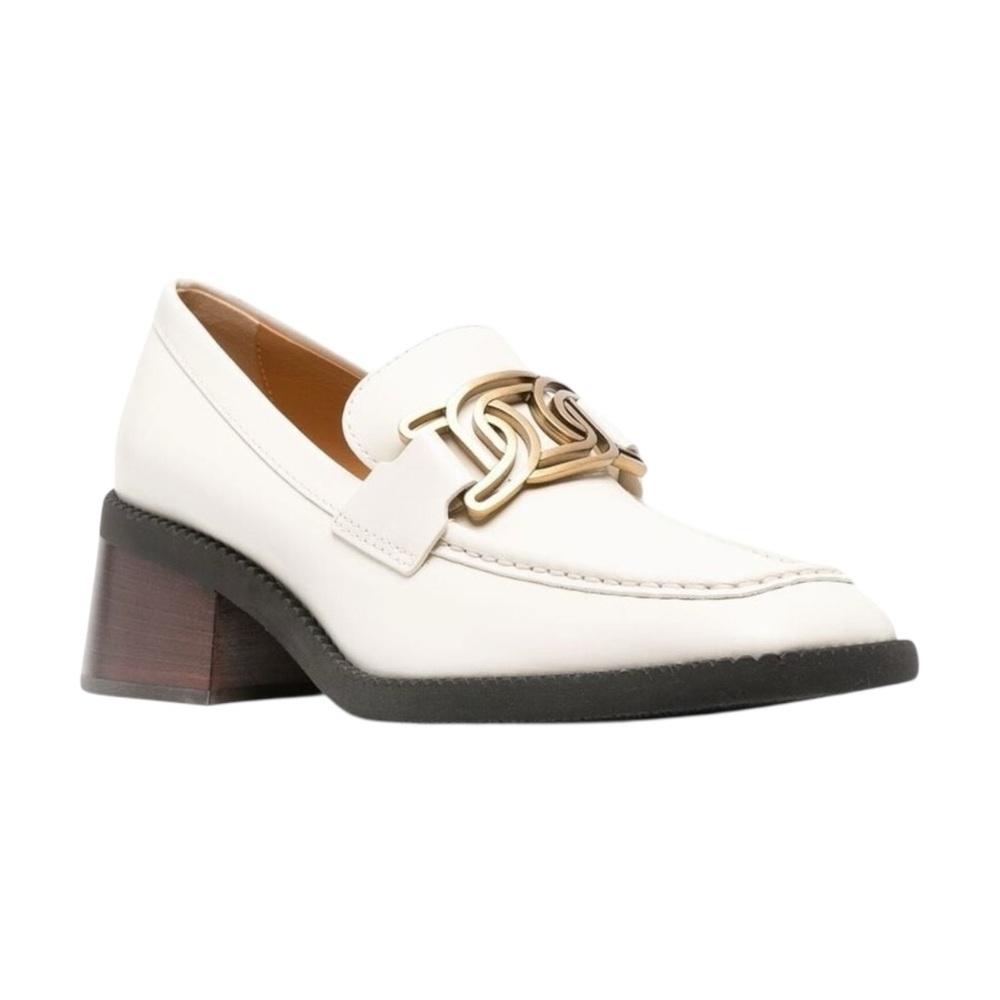 Tod's Kate Block Heel Leather Loafers Chain Link White 39 (US 8.5)